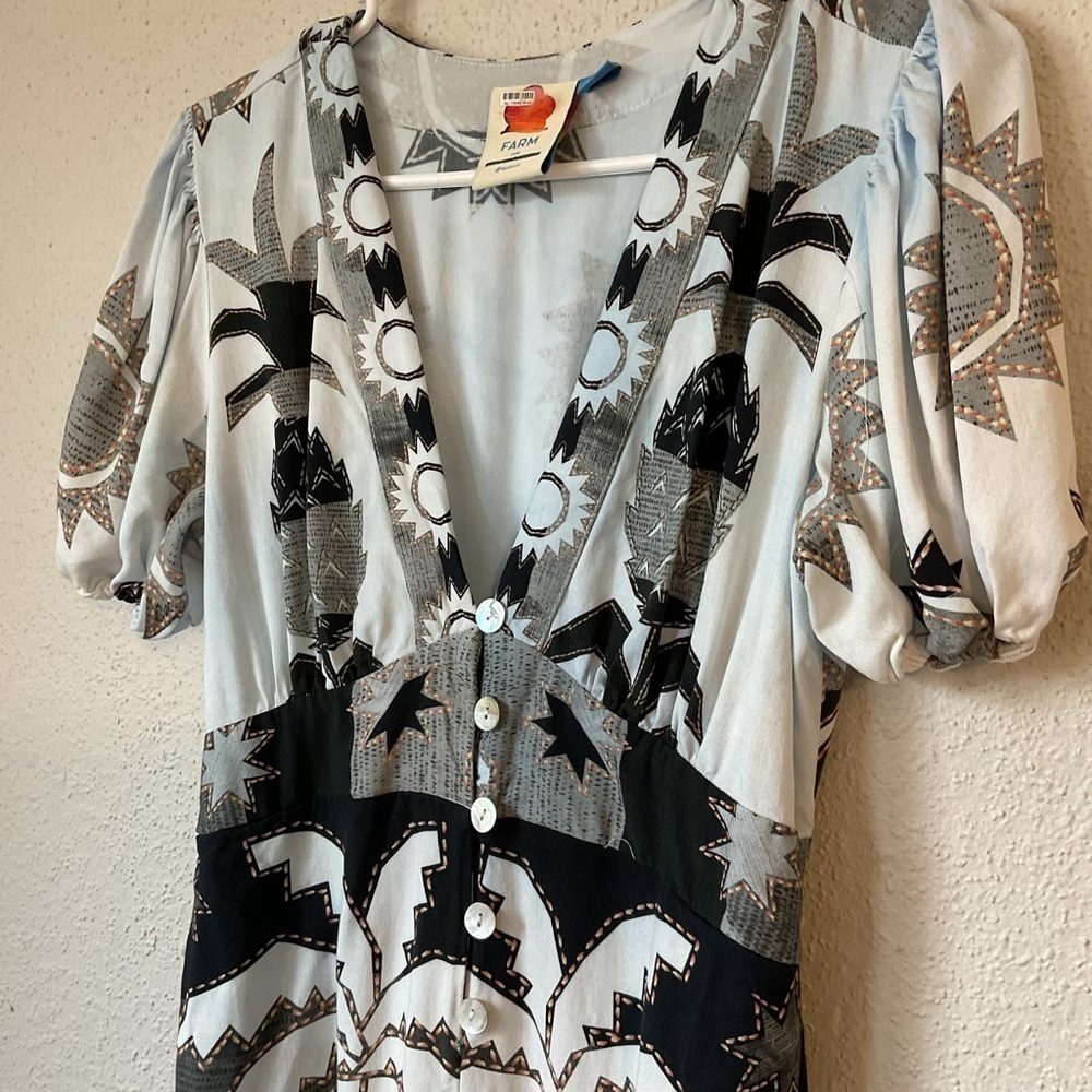 Farm Rio Puff-Sleeve Linen Jumpsuit Black White Size Small Petite - Picture 5 of 15
